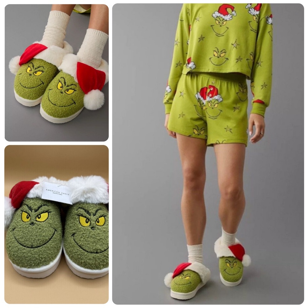 American Eagle Grinch Scuff Slippers Green Faux Fur Santa Hat Size 7 NWOT - Picture 1 of 14